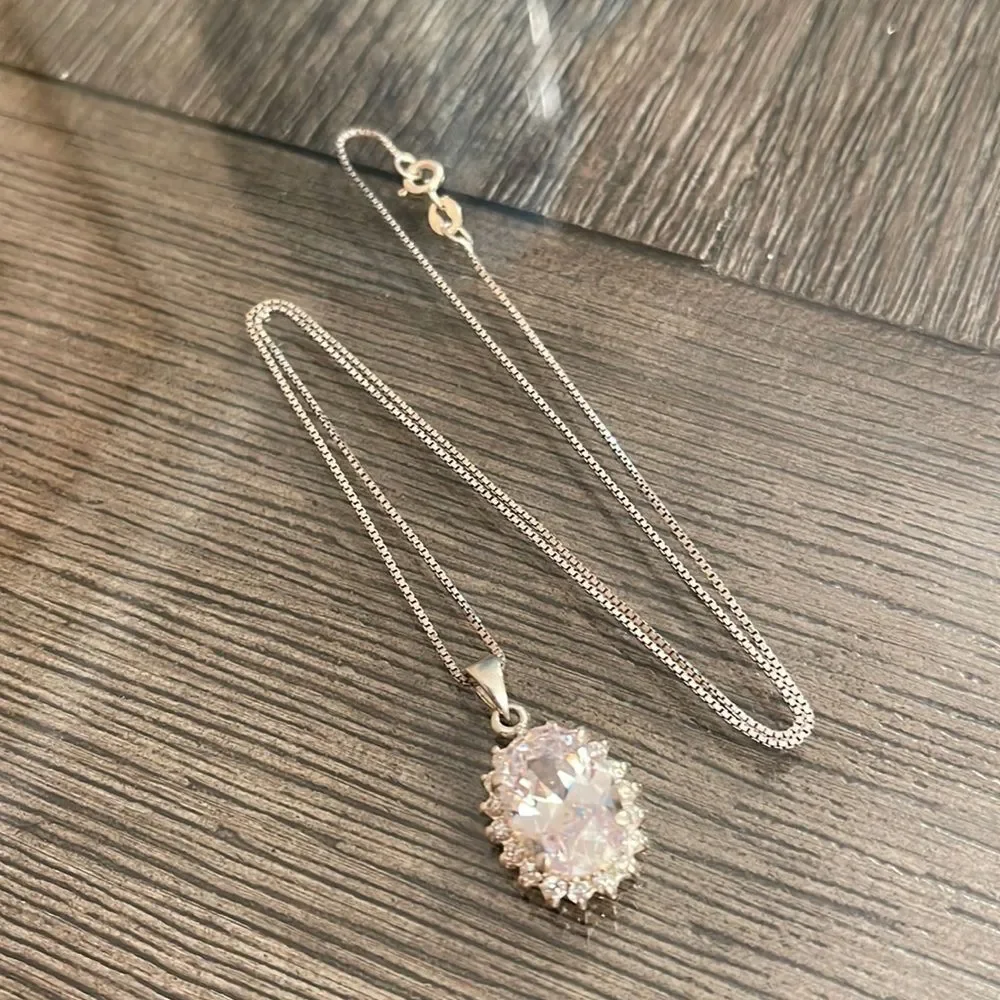 Vintage Oval Halo CZ Pendant with Sterling Silver Box Chain